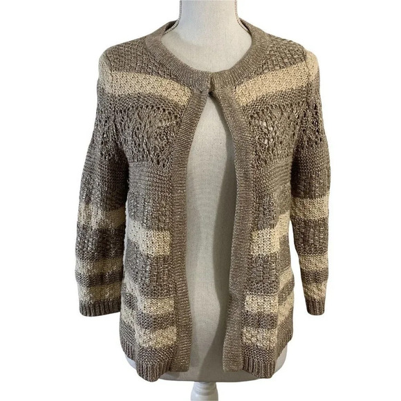 Chicos Metallic Silver And Tan Striped Chunky Sweater Shrug Size 0 Cotton Blend - Picture 1 of 8